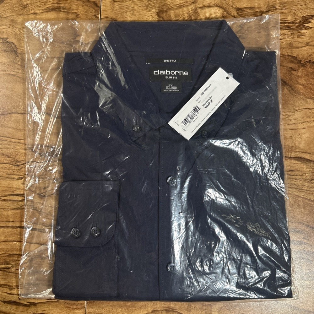 NWT Claiborne Shirt Men's XXL Navy Blue 90's 2-PLY Slim Long Sleeve Button Down